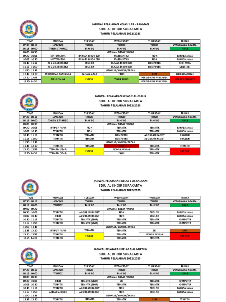 Jadwal Pelajaran SDIU Al Khoir 2022/2023 | PDF