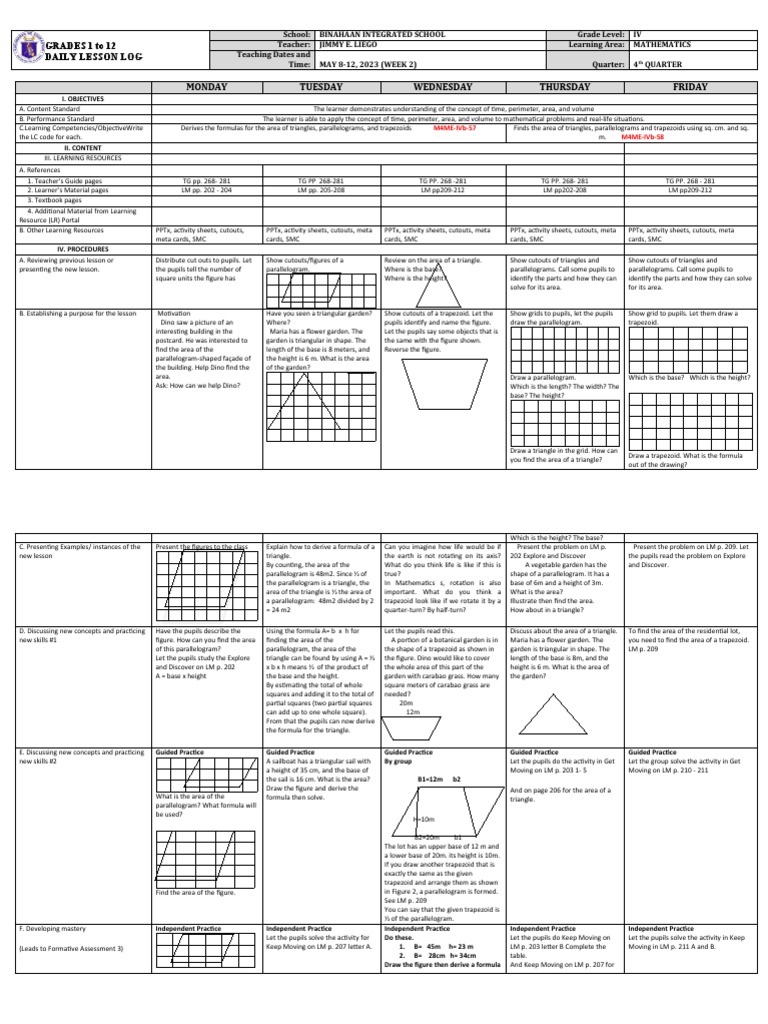 DLL - Mathematics 4 - Q4 - W2 | PDF | Area | Triangle
