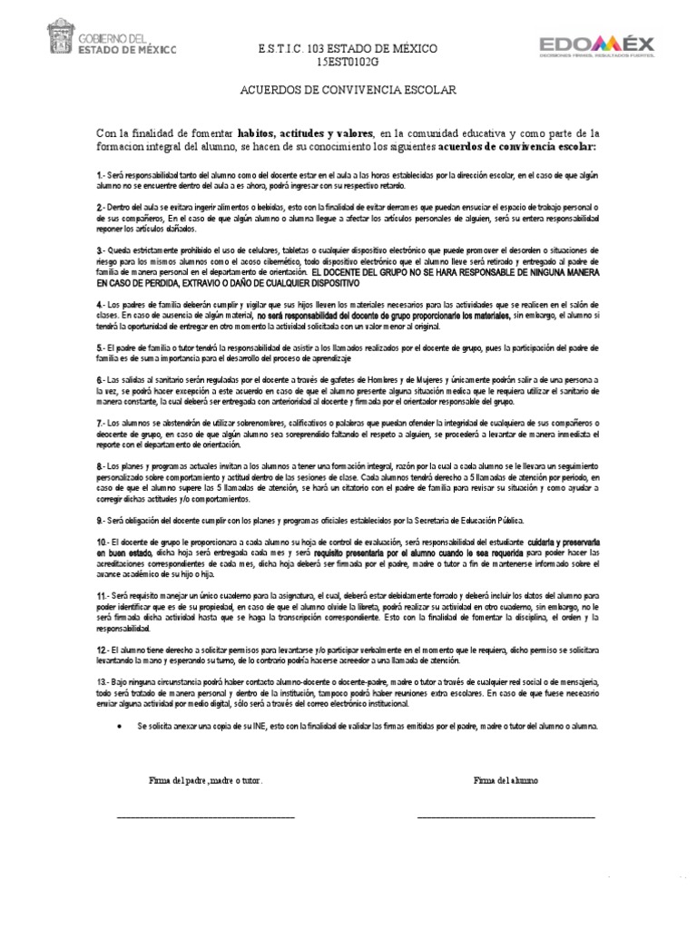 Acuerdo de Convivencia Escolar | PDF | Maestros | Evaluación