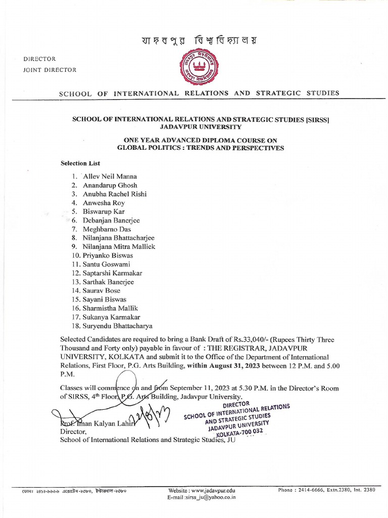 Selected Candidates SIRSS Diploma | PDF