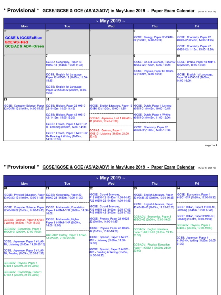 BST Secondary School PROVISIONAL Calendar IGCSE GCSE and GCE in Summer