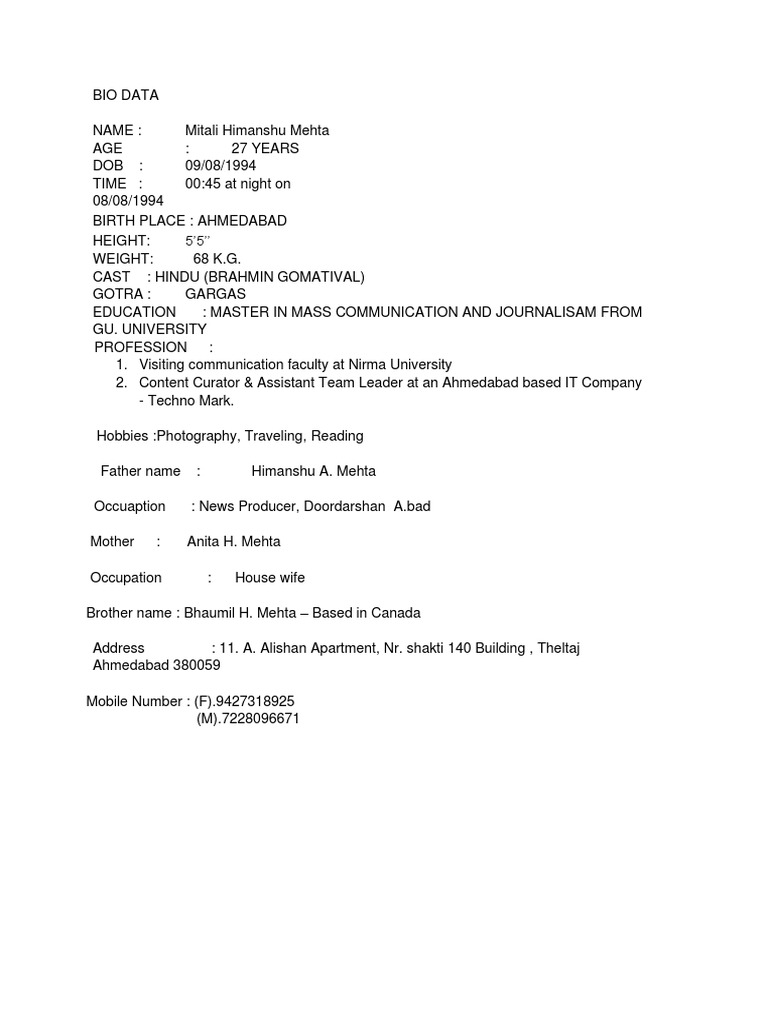 Mitali Biodata | PDF