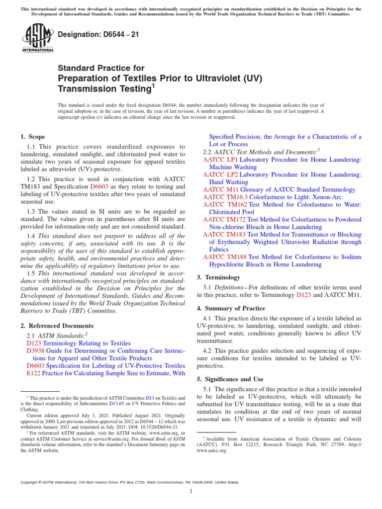 Preparation of Textiles Prior To Ultraviolet (UV) Transmission Testing ...