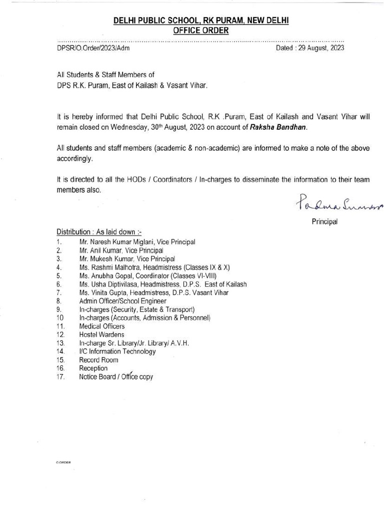 Office Order Dated 29.08.2023 Regarding Raksha Bandhan PDF