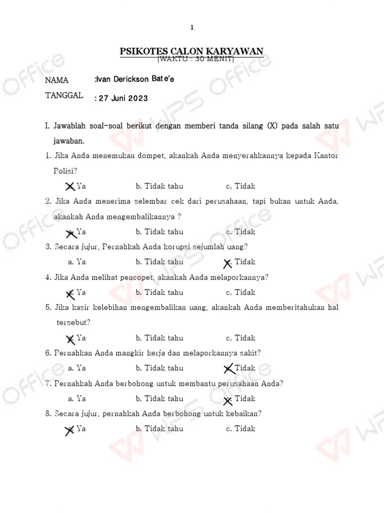 Psikotes Calon Karyawan: Soal dan Jawaban | PDF