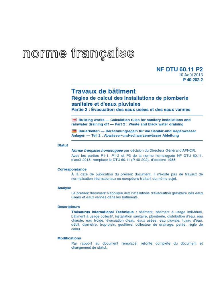 Norme NF DTU 60.11 P2 : Évacuation eaux usées | PDF | Code de la ...