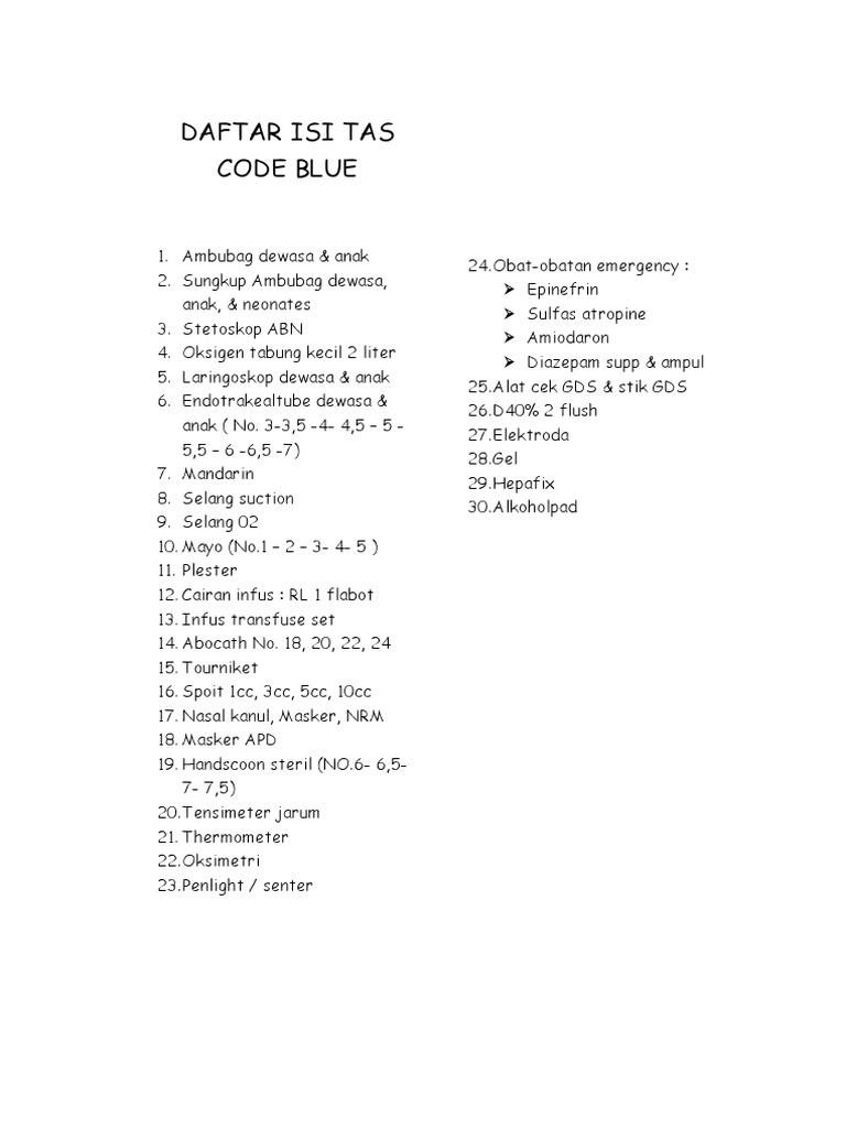 Daftar Isi Tas Code Blue Emergency | PDF | Kesehatan Holistik