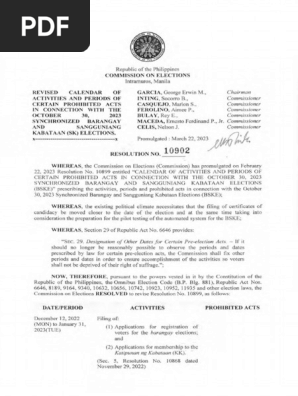 COMELEC RESOLUTION NO.10902 REVISED CALENDAR OF ACTIVITIES AND PERIODS OF CERTAIN PROHIBITED ACTS IN CONNECTION WITH THE OCTOBER 30, 2023 SYNCHRONIZED BARANGAY AND SANGGUNIANG KABATAAN (SK) ELECTIONS.