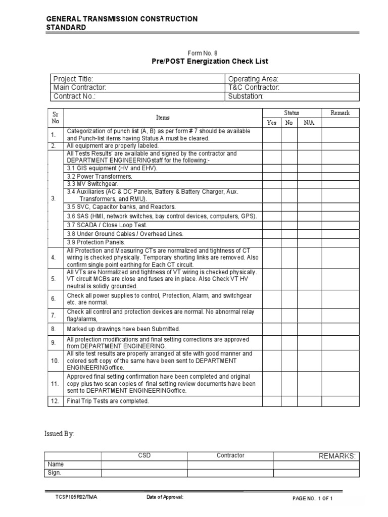 Pre-Energization Checklist Overview | PDF | Electrical Substation ...