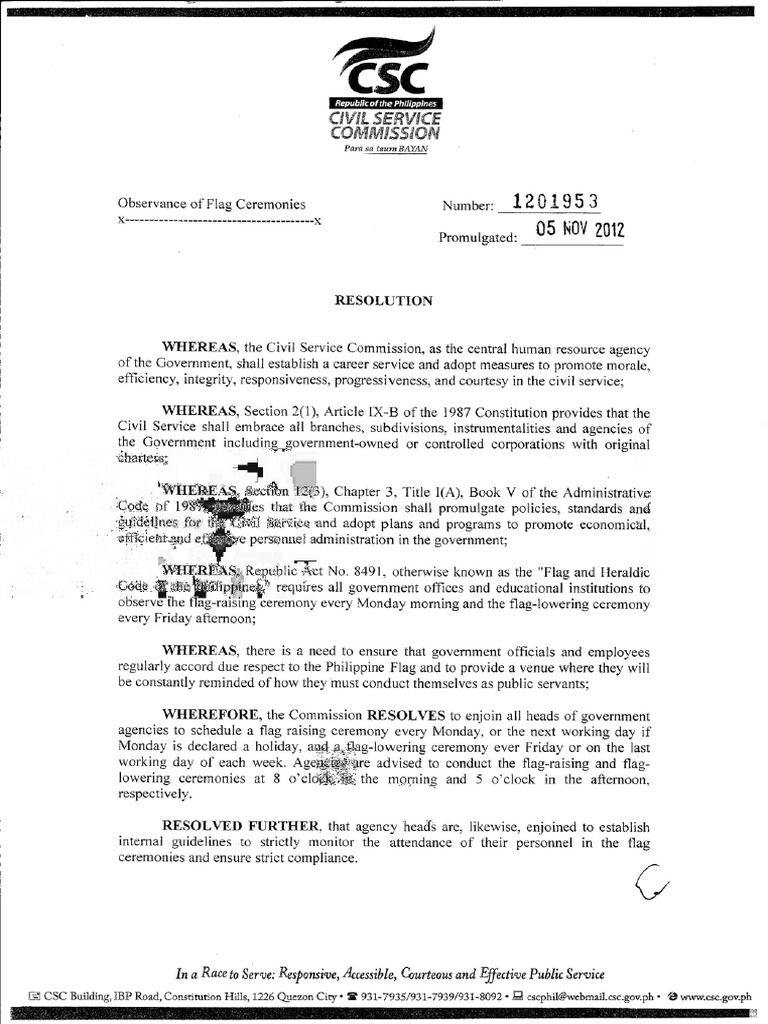 Csc resolution on the conduct of flag raising ceremony pdf