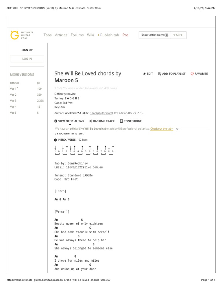 SHE WILL BE LOVED CHORDS (Ver 3) by Maroon 5 PDF Guitars Irish Musical Instruments