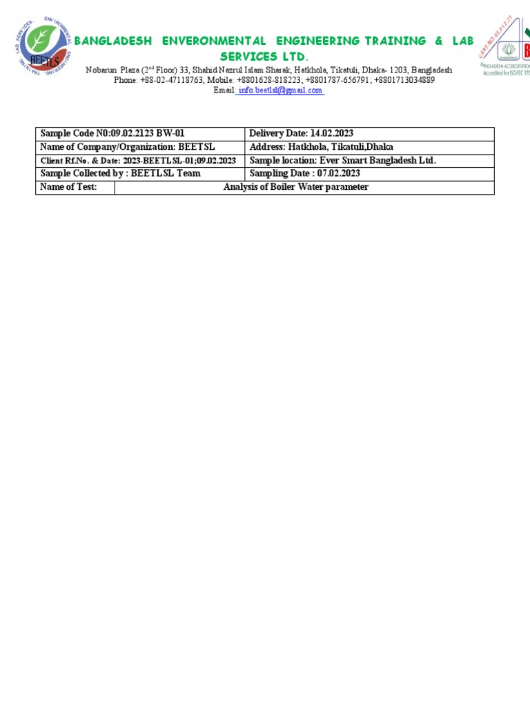 ESBL Boiler Water Parameter Test Report | PDF