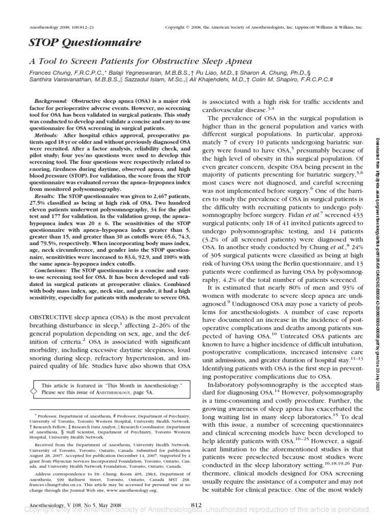 STOP Questionnaire | PDF | Sleep Apnea | Sensitivity And Specificity