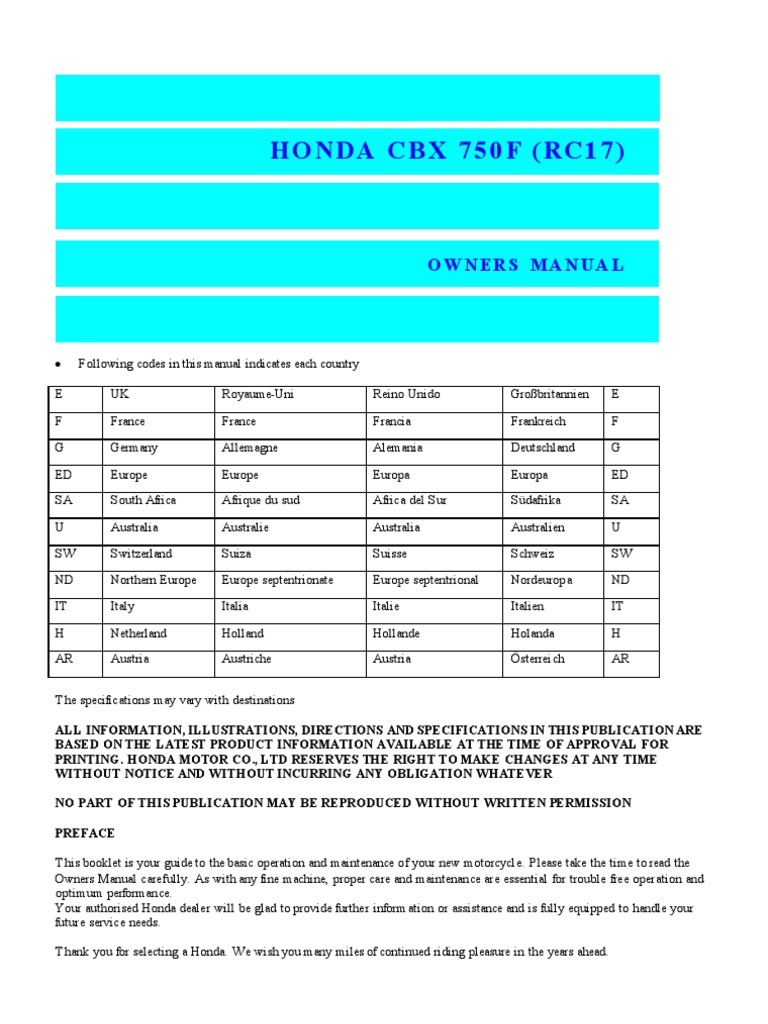 Honda CBX 750 F Owners Manual | PDF