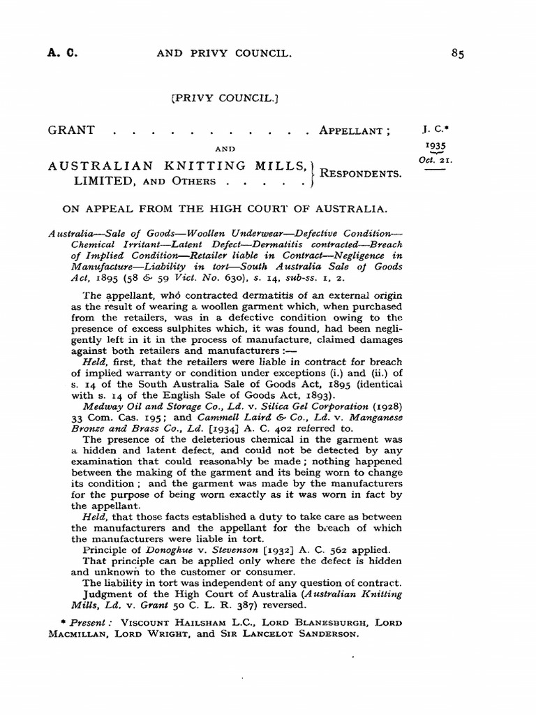 Grant V Australian Knitting Mills PDF Negligence Tort