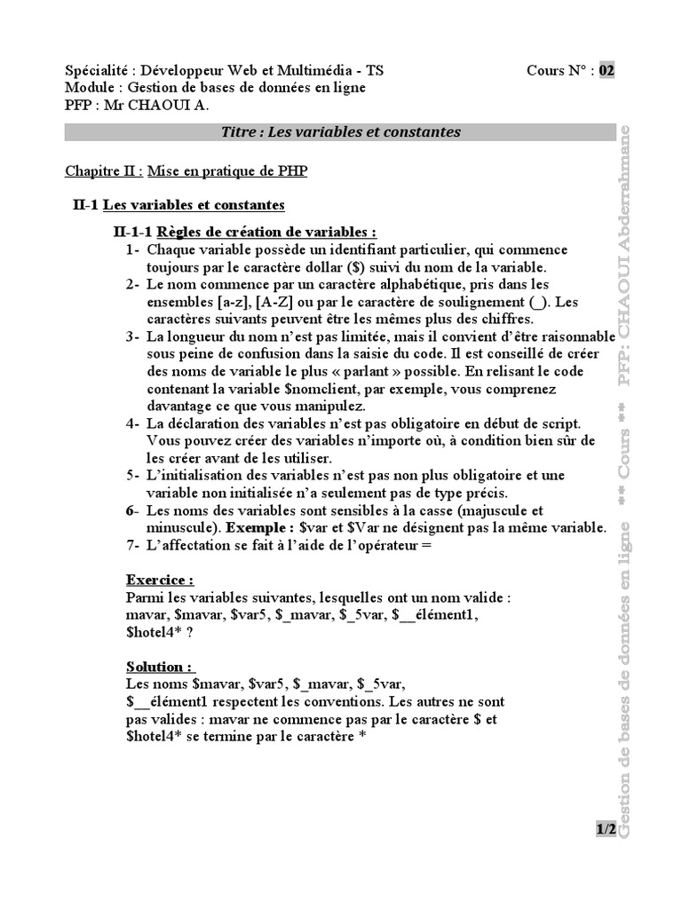 Variables et constantes en PHP | PDF | Variable (informatique ...