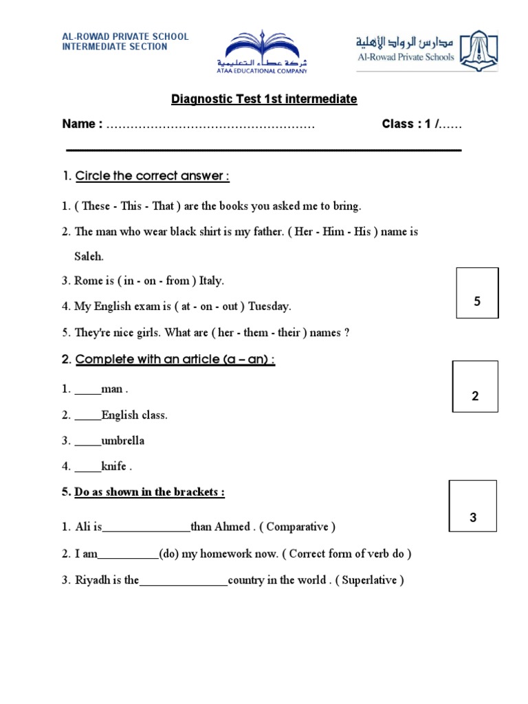 Intermediate Diagnostic Test for Students | PDF