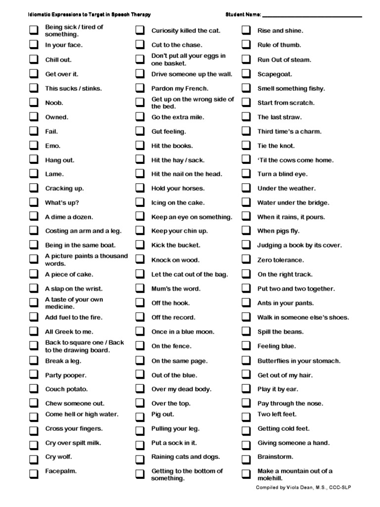 Idiomatic Expressions Idiomsfigurativelanguagechecklist Speech ESLASD | PDF