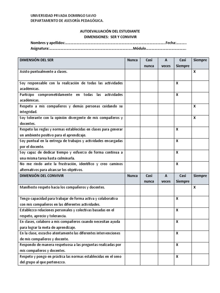 Autoevaluación Estudiantil: Ser y Convivir | PDF | Aprendizaje ...