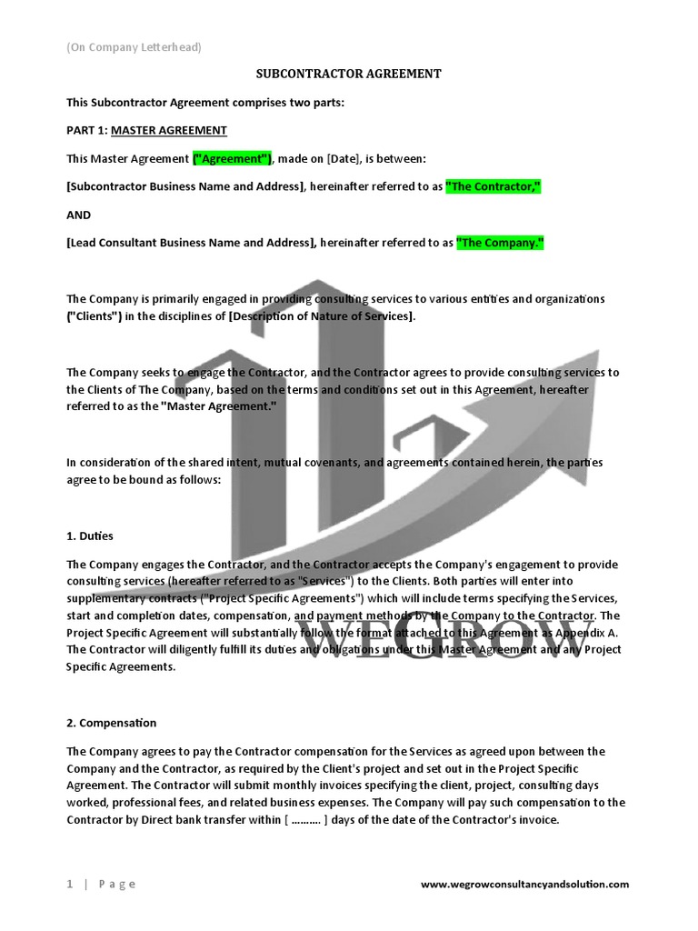 Subcontractor Contract Template PDF Employment Indemnity