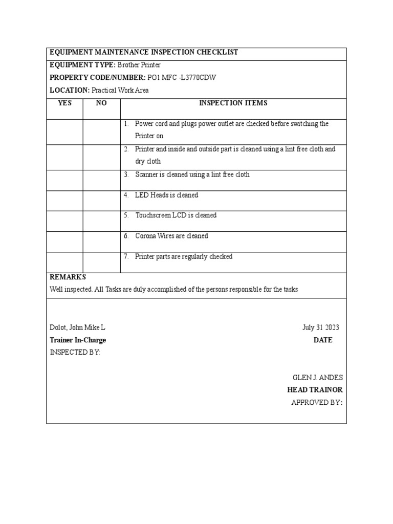04 EQUIPMENT MAINTENANCE INSPECTION CHECKLIST PDF
