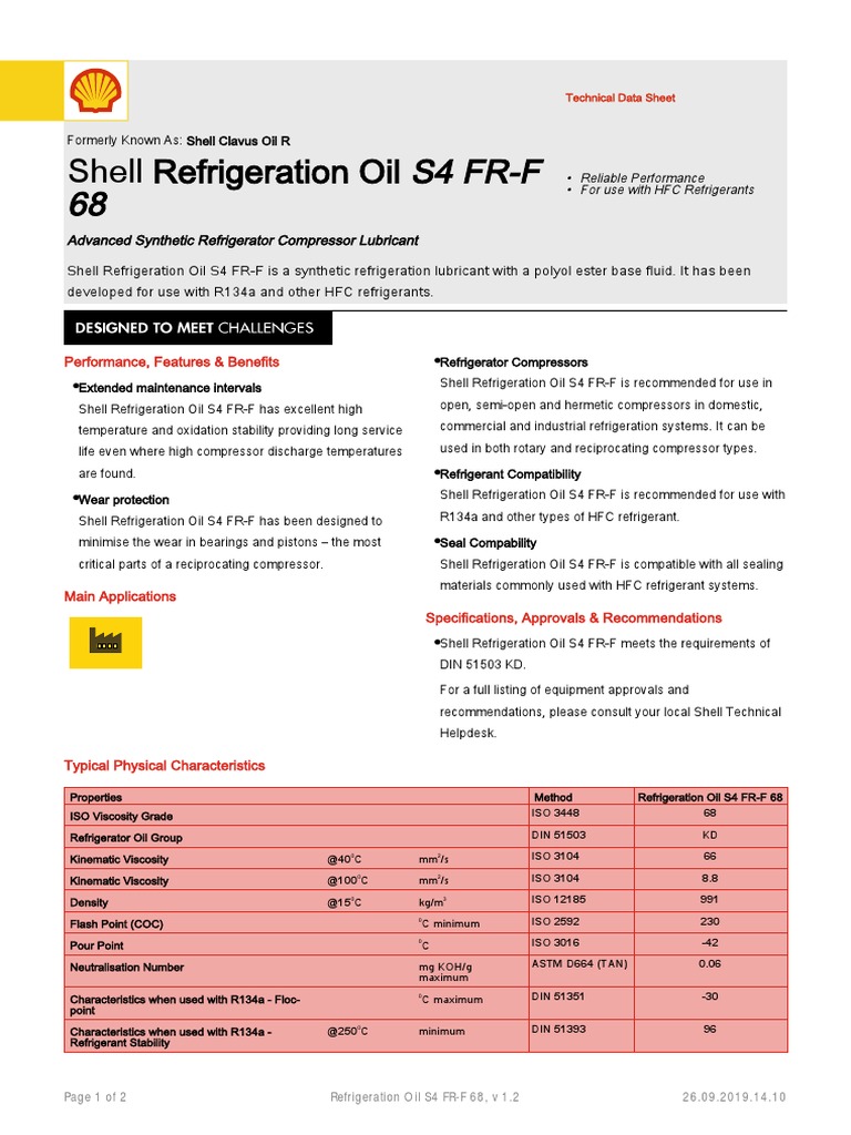 Shell Refrigeration Oil s4 FR-F 68 TDS | PDF | Refrigerator | Lubricant