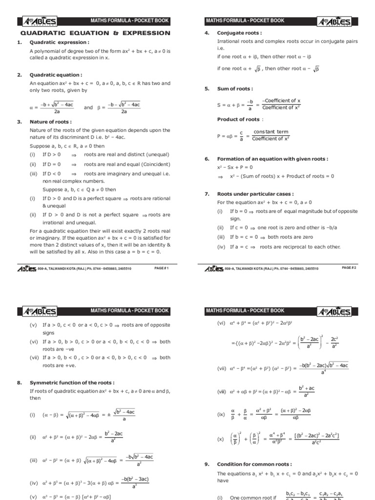 Maths Formula Pocket Book Guide | PDF | Quadratic Equation | Zero Of A ...