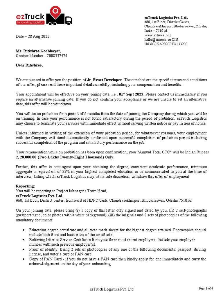 Jr. React Developer Job Offer Letter | PDF | Identity Document | Business