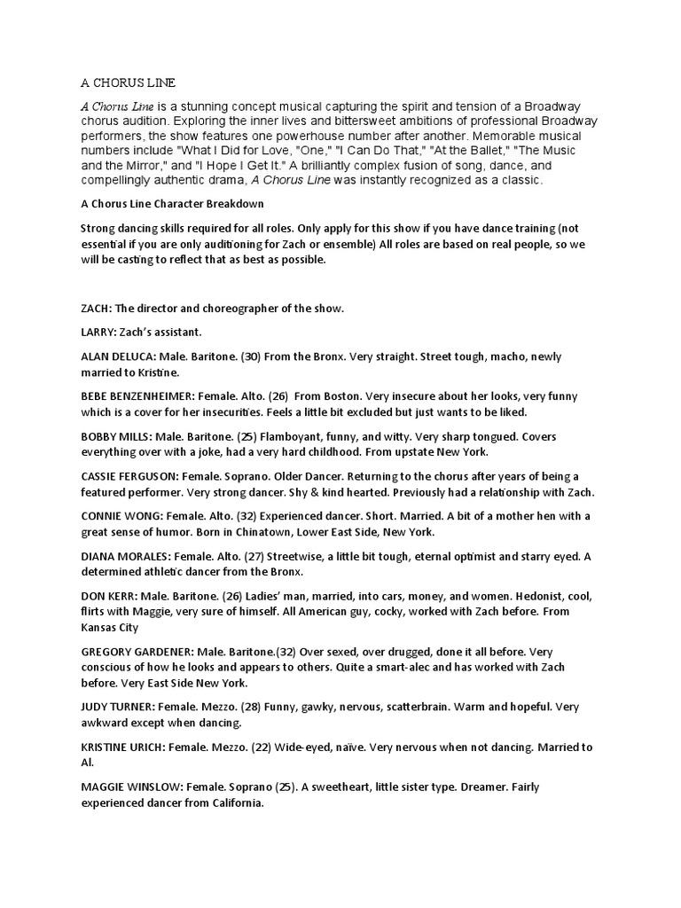 A Chorus Line Character Breakdown | PDF | Performing Arts | Oral Literature