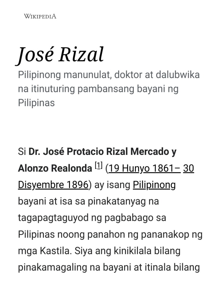 José Rizal - Wikipedia, Ang Malayang Ensiklopedya | PDF