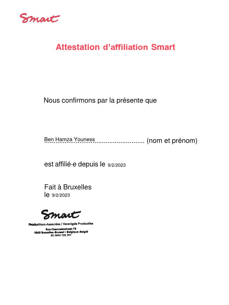 Attestation d'affiliation Smart | PDF