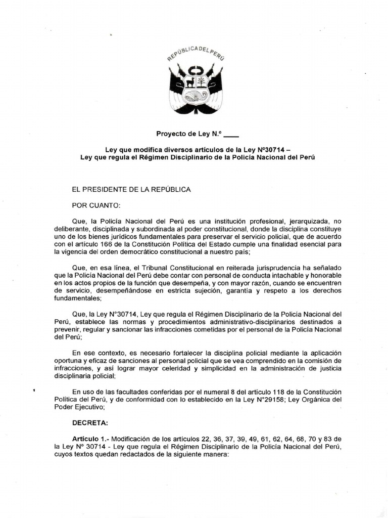Proyecto de Ley Que Modifica y Deroga Artículos de La Ley #30714 | PDF