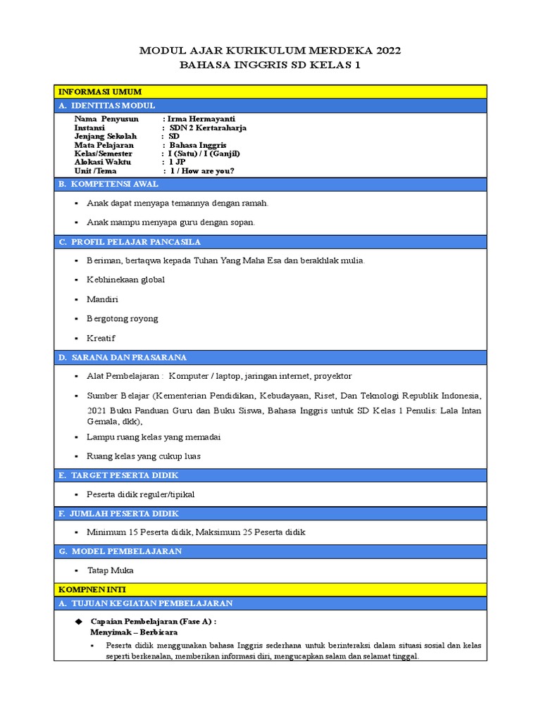 Modul Ajar Bahasa Inggris Kelas 1 SD | PDF | Karier & Perkembangan
