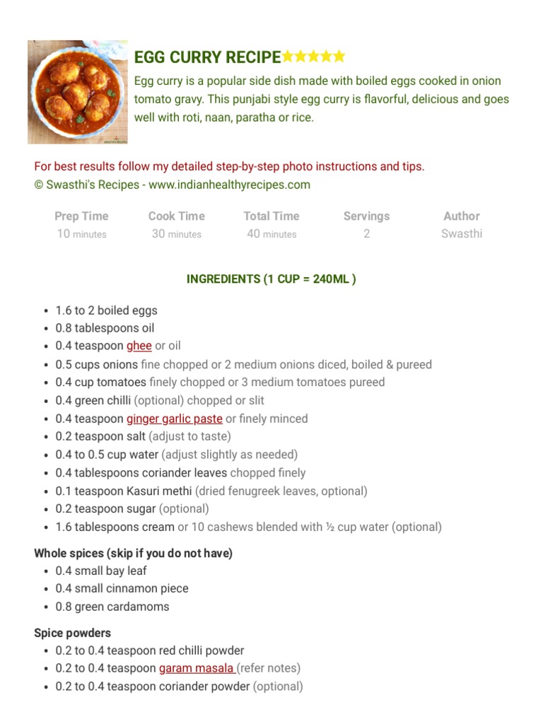 Egg Curry Recipe Swasthi's Recipes PDF Curry Food Ingredients