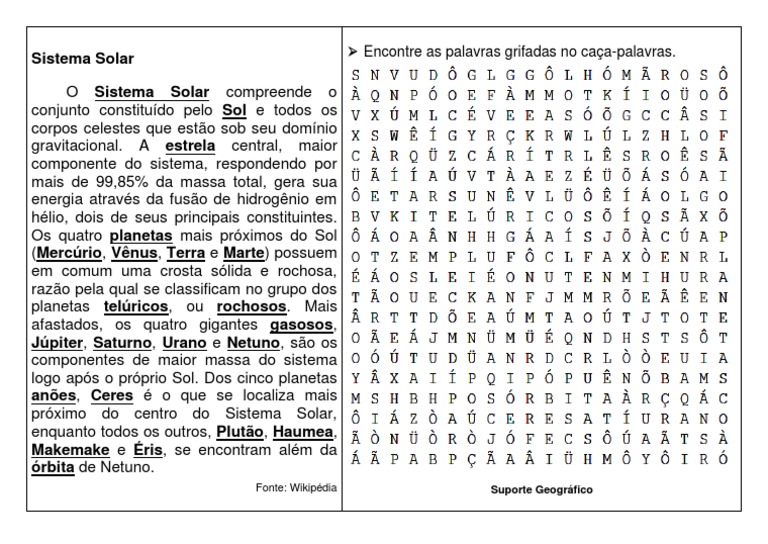 Caça-Palavras: Sistema Solar para Crianças | PDF