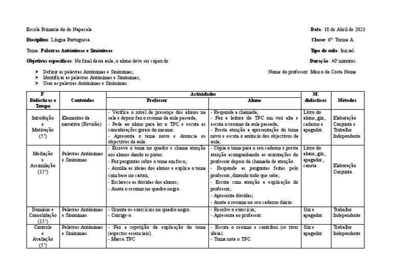 Plano de Aula: Antônimos e Sinônimos | PDF | Carreira e Crescimento ...