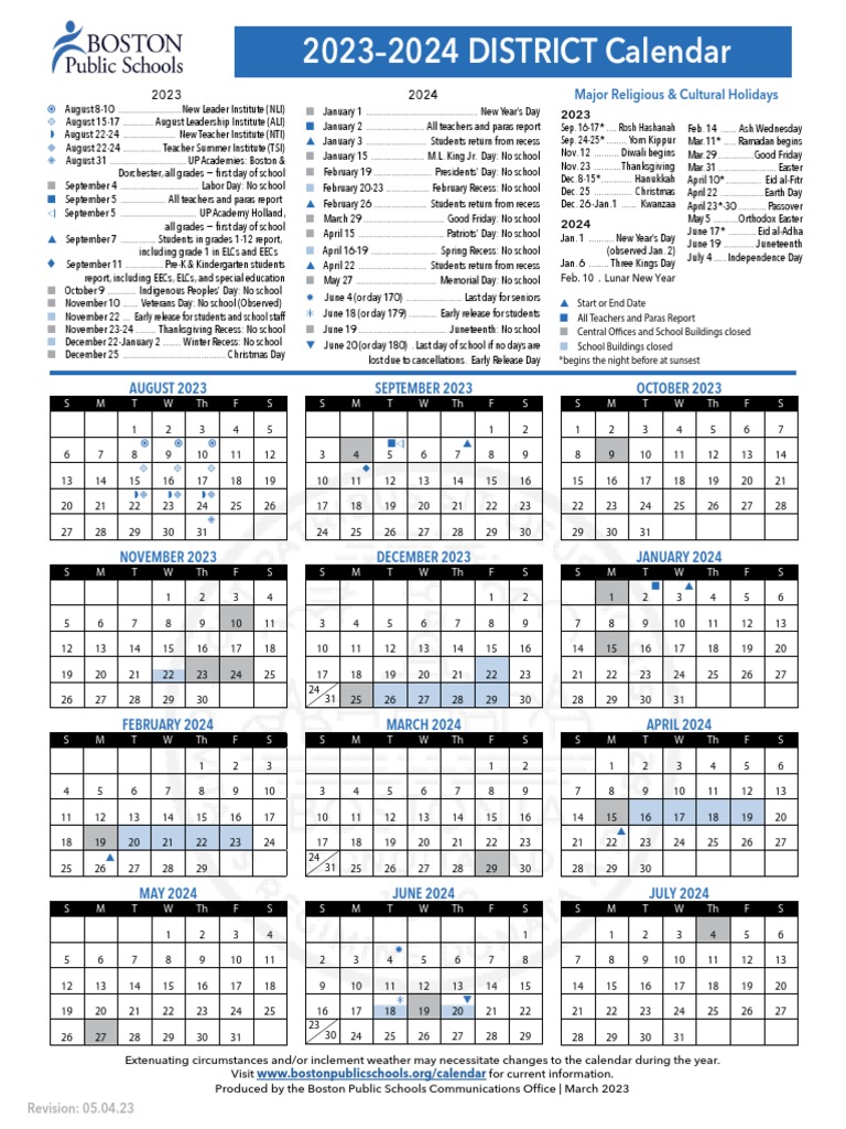 Boston Public Schools 2023-2024 Calendar | PDF | Holidays ...