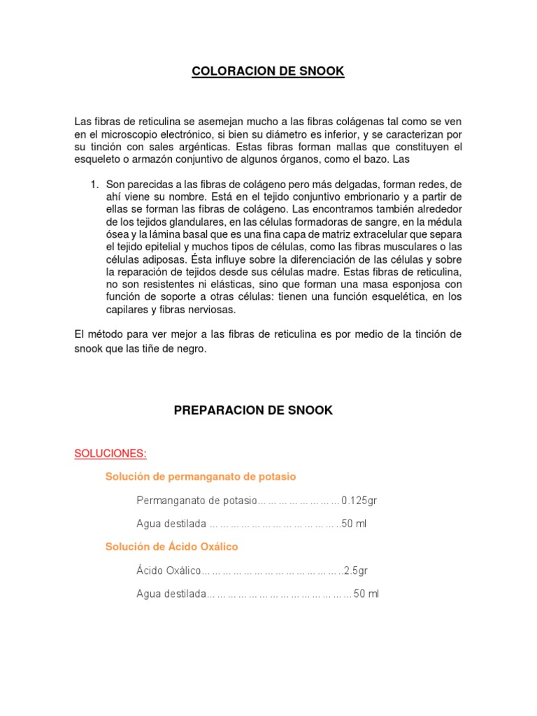 Tinción de Snook para Fibras Reticulares | PDF | Sustancias químicas ...