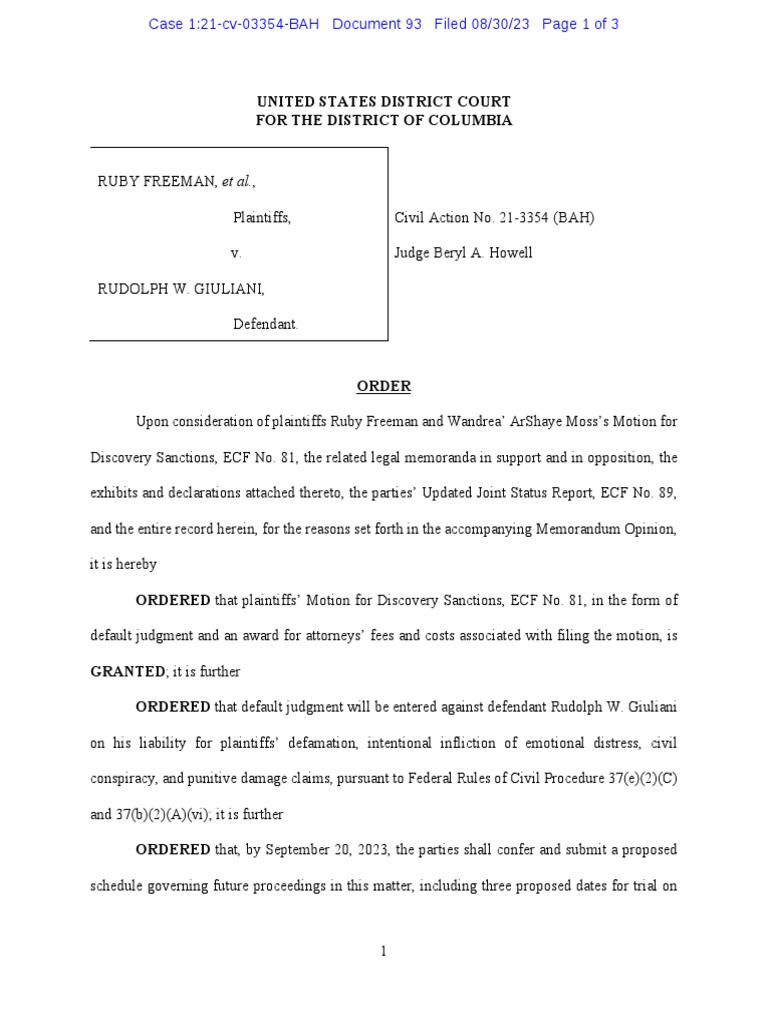 Order On Motion For Sanctions RUBY FREEMAN, Et Al., VS. RUDOLPH W. GIULIANNI PDF Discovery
