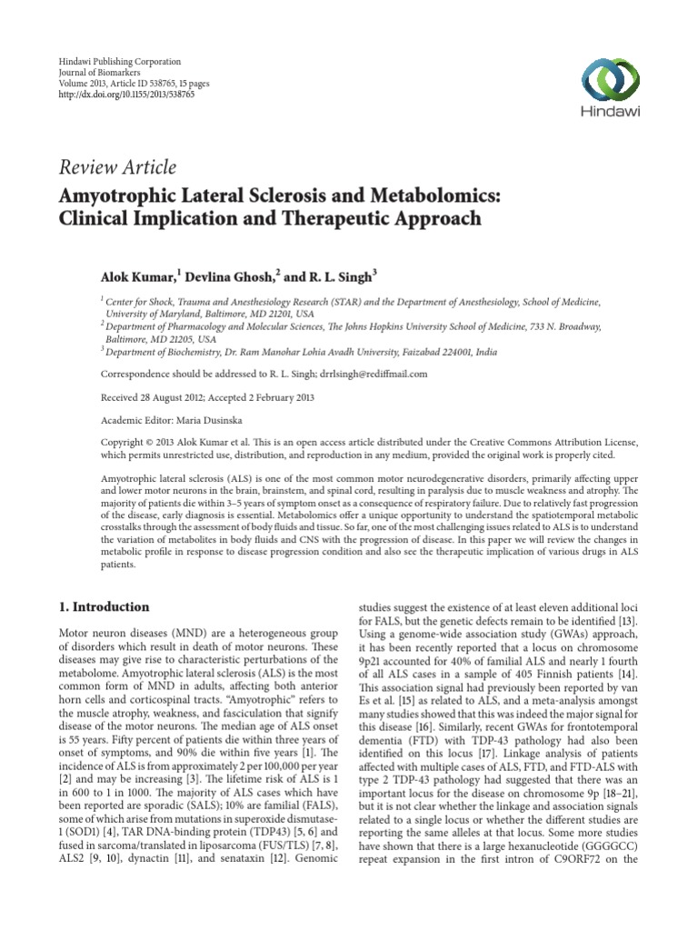 Amyotrophic Lateral Sclerosis and Metabolomics | PDF | Metabolomics ...