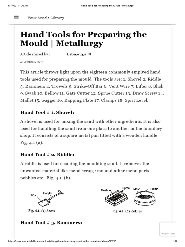 Hand Tools For Preparing The Mould | PDF | Screw | Hammer