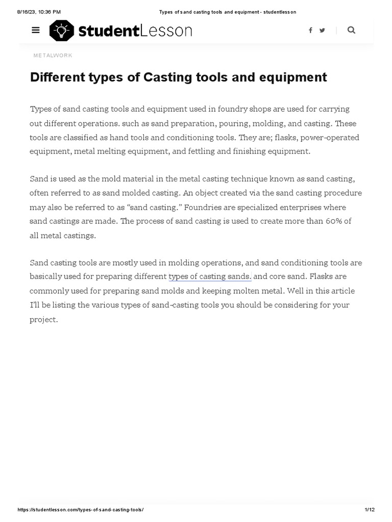 Types of Sand Casting Tools and Equipment Studentlesson PDF