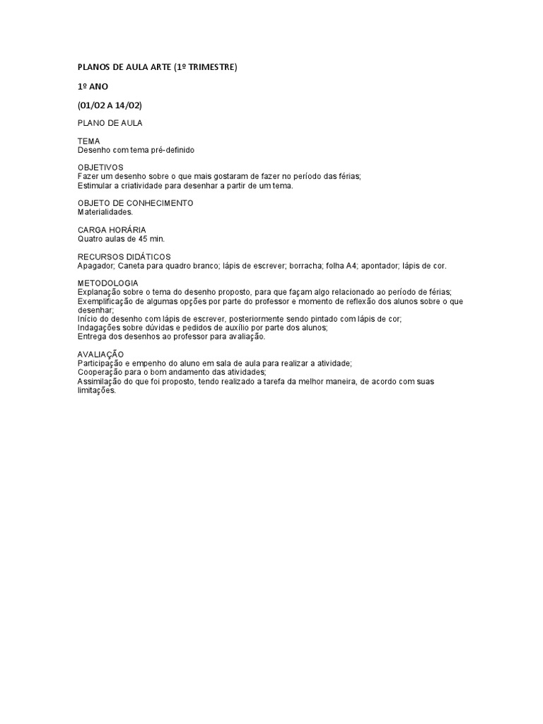 Planos de Aula de Artes - 1º Ano | PDF | Cor | Desenho