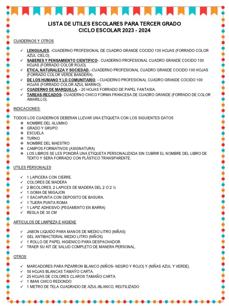 Lista de Utiles Escolares para Tercer Grado | PDF