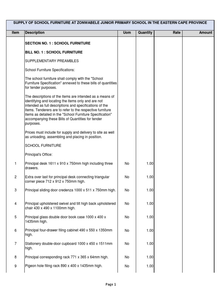 Zonwabele JPS Furniture BoQ Tender PDF Classroom Upholstery