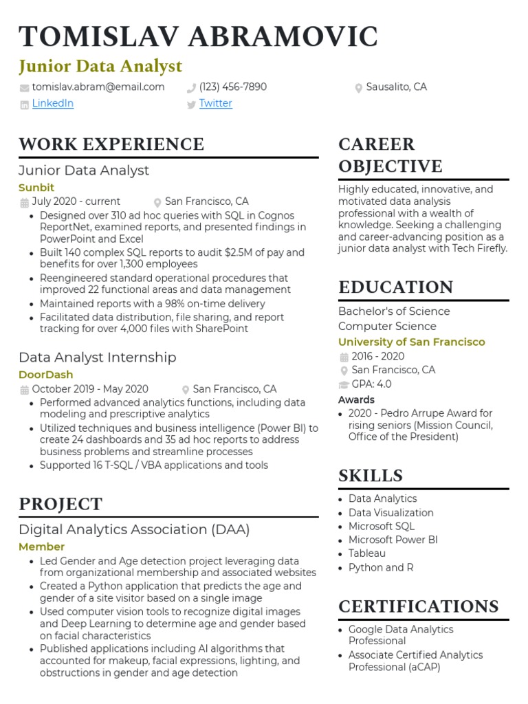 Junior Data Analyst Resume Example | PDF | Analytics | Data Analysis