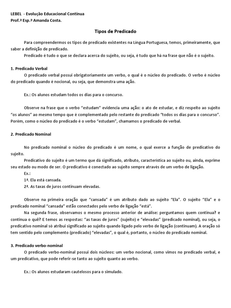 Tipos de Predicado na Língua Portuguesa | PDF | Predicado (gramática ...