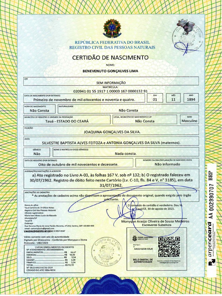 Certidão de Nascimento - Benevenuto Gonçalves Lima | PDF