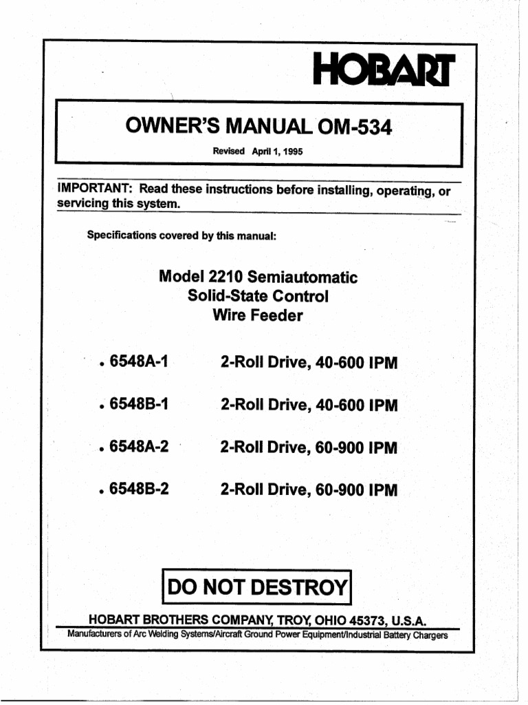 2210 Wire Feeder OM-534 Spec#6548A-16548B-16548A-26548B-2 | PDF