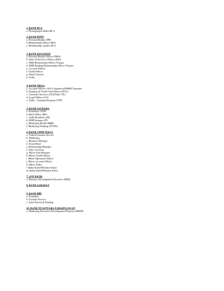 Banking Job Positions Overview | PDF